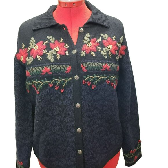 Talbots Floral Embroidered Cardigan Sweater, size L, Black w Red flowers, button - Picture 2 of 10